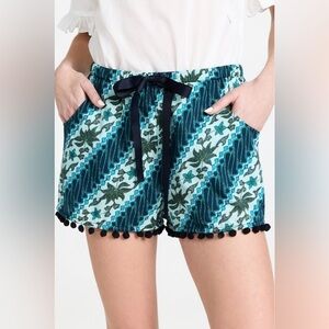 FIGUE Maja Cotton Floral Print Pom Pom Shorts Blue Size Large NEW WITH TAGS